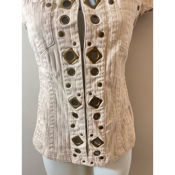 Live A Little Chic: Cream & Brown Geometric Embellished Denim Top - Womens Small - Picture 2 of 7